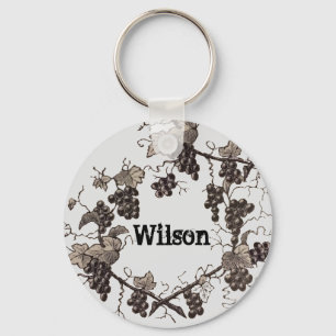 Vintage Sketch Black and White Leaves Grapes Key Ring