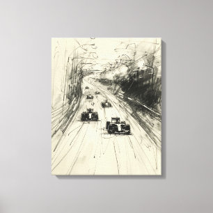 Vintage Sketch of Formula 1 Race on Track Canvas Print