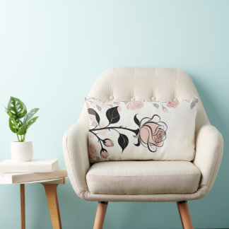 Vintage Sketch Pink Rose Lumbar Throw Pillow