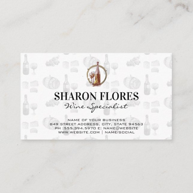 Vintage Sketch Wine Glass and Bottle Business Card (Back)