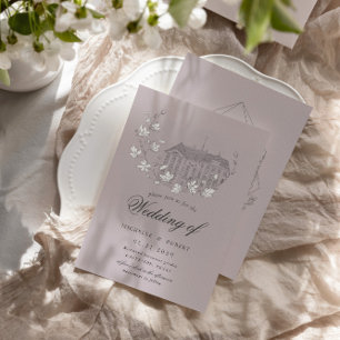 Vintage Sketched Florals Destination Wedding Invitation