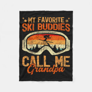 Vintage ski buddies call grandpa skiing father's fleece blanket