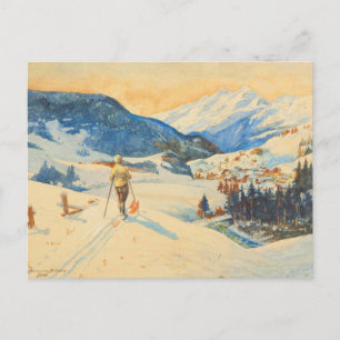 Vintage ski image, Cross country in the mountains Postcard