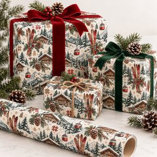 Vintage Ski Lodge & Alpine Chalet Christmas Wrapping Paper