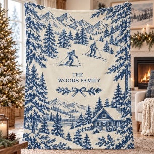 Vintage Ski Lodge Alpine Toile Mountain Cabin Fleece Blanket