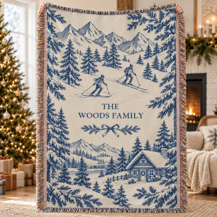 Vintage Ski Lodge Alpine Toile Mountain Cabin Throw Blanket
