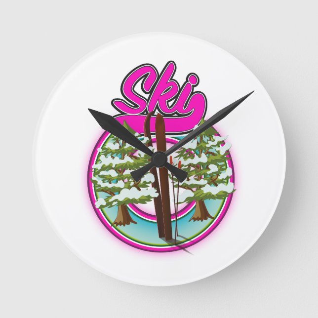 vintage ski pink logo round clock (Front)