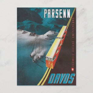 Vintage Ski Poster, Davos Postcard