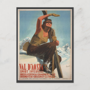 Vintage Ski Poster, Italy, Val d'Aosta Postcard