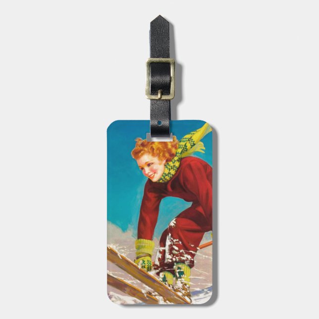 Vintage ski poster, lady ski jumper luggage tag (Front Vertical)