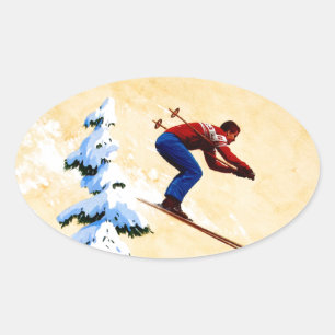 Vintage Ski Poster, Ski jumper and pine trees Oval Sticker
