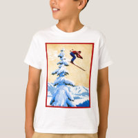 Vintage ski poster, Ski jumper and pine trees