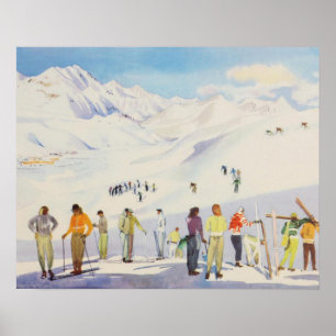 Vintage ski poster, Skiers on the mountain Poster