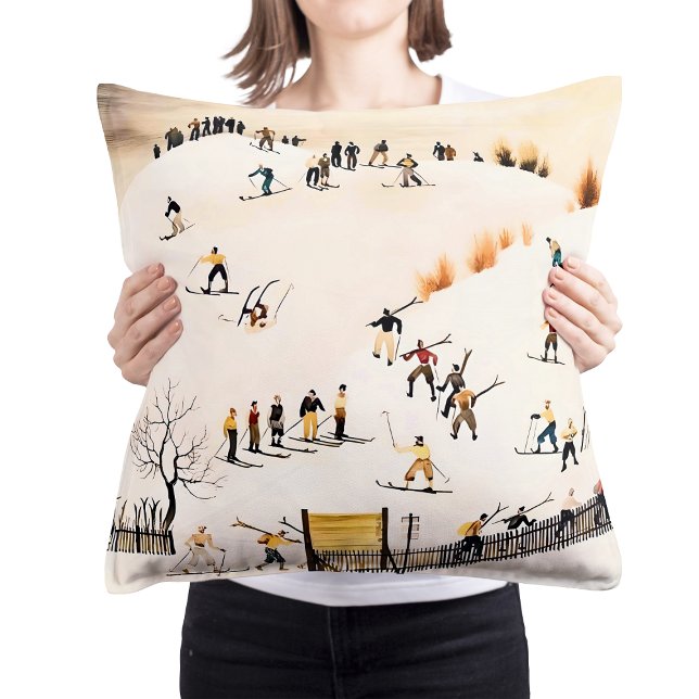 Vintage Skiers Art, Winter Landscape Painting Cushion (Creator Uploaded)