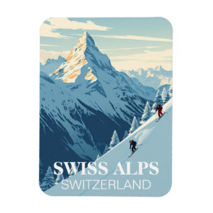 Vintage Skiers Swiss Alps Switzerland Travel Magnet
