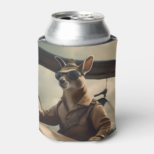 "Vintage Skies: The Kangaroo Pilot in Old Plane Can Cooler (Can Front)
