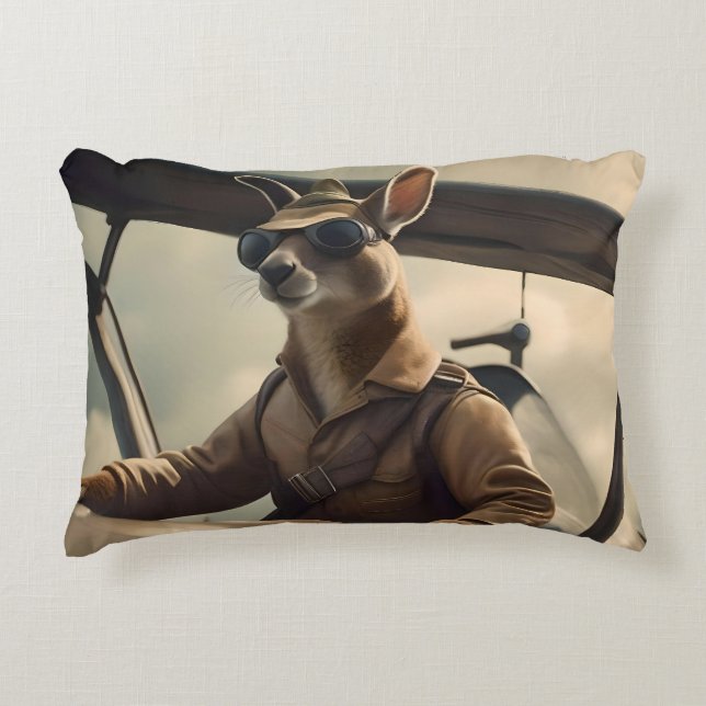 "Vintage Skies: The Kangaroo Pilot in Old Plane Decorative Cushion (Front)