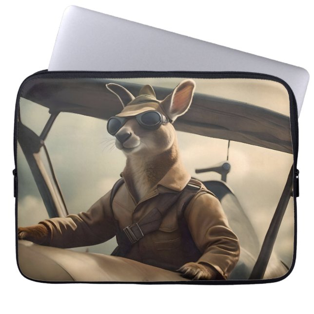 "Vintage Skies: The Kangaroo Pilot in Old Plane Laptop Sleeve (Front)