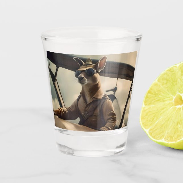"Vintage Skies: The Kangaroo Pilot in Old Plane Shot Glass (Front)