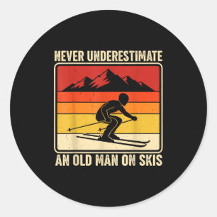 Vintage skiing shirt underestimate an old man on classic round sticker