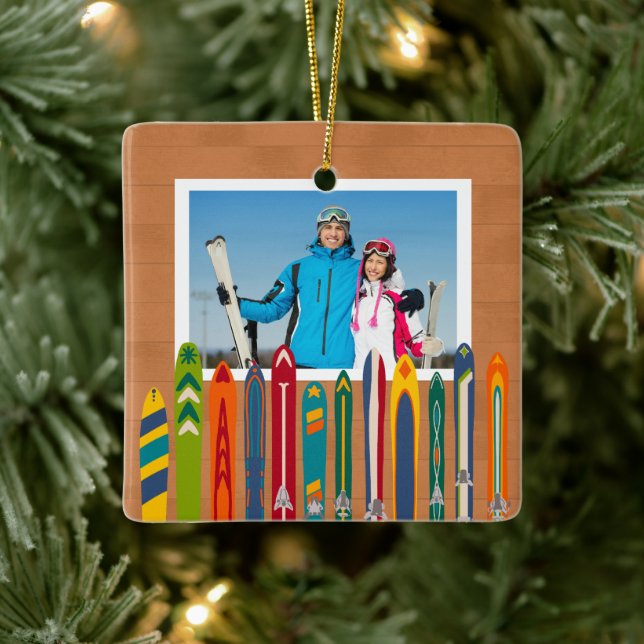 Vintage Skis Photo Keepsake Ceramic Ornament (Tree)