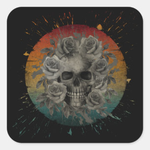 VINTAGE SKULL AND FLOWERS BLACK AND WHITE SQUARE STICKER