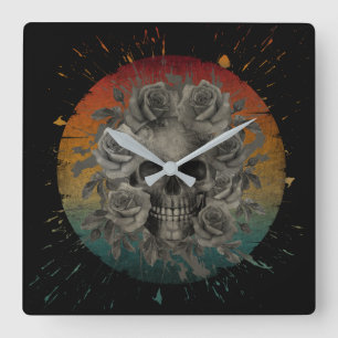 VINTAGE SKULL AND FLOWERS BLACK AND WHITE SQUARE WALL CLOCK