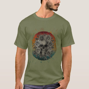 VINTAGE SKULL AND FLOWERS BLACK AND WHITE T-Shirt