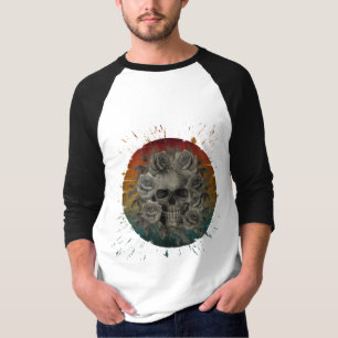 VINTAGE SKULL AND FLOWERS BLACK AND WHITE T-Shirt