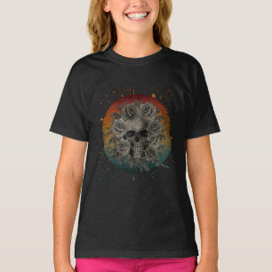VINTAGE SKULL AND FLOWERS BLACK AND WHITE T-Shirt