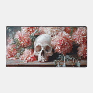 Vintage Skull and Light Pink Flowers Desk Mat