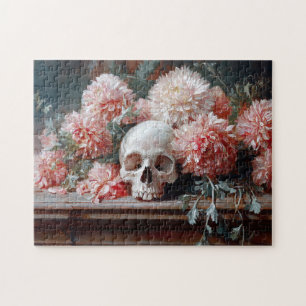 Vintage Skull and Light Pink Flowers Jigsaw Puzzle