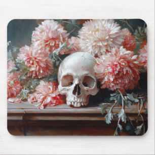Vintage Skull and Light Pink Flowers Mouse Pad
