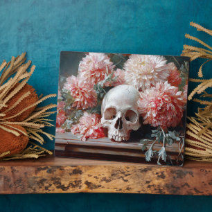 Vintage Skull and Light Pink Flowers Plaque