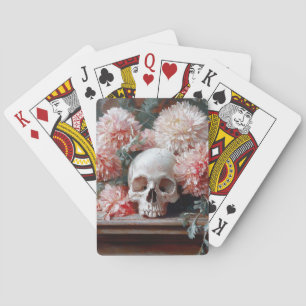 Vintage Skull and Light Pink Flowers Playing Cards