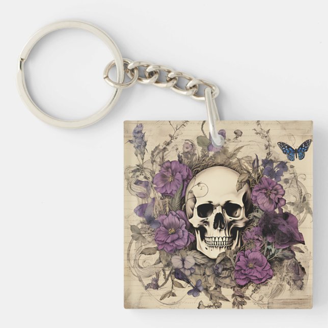 Vintage Skull and Purple Flowers Key Ring (Front)