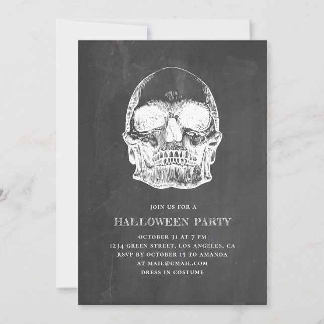 Vintage skull. Chalkboard Halloween party. Bones Invitation (Front)