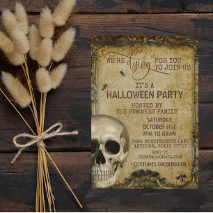 Vintage Skull Dying For You Halloween Party Invitation