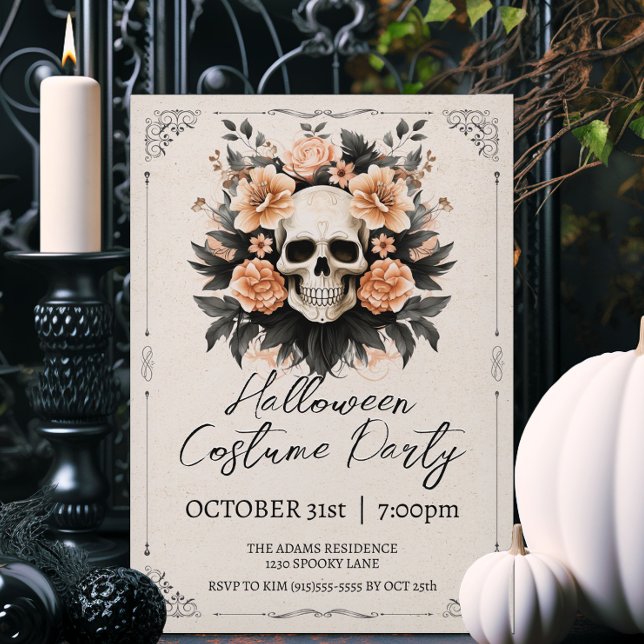 Vintage Skull Halloween Invitation (Elegant vintage style Halloween party invitations.)