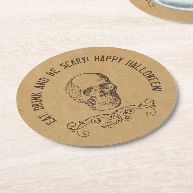 Vintage Skull Personalised Halloween Party Round Paper Coaster (Angled)