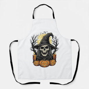 Vintage Skull Witch Halloween Pumpkin Vector Desig Apron