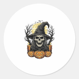 Vintage Skull Witch Halloween Pumpkin Vector Desig Classic Round Sticker