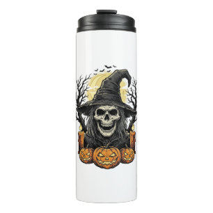 Vintage Skull Witch Halloween Pumpkin Vector Desig Thermal Tumbler