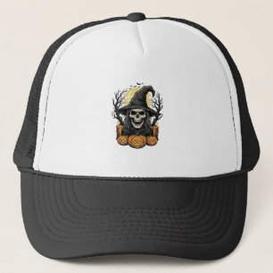 Vintage Skull Witch Halloween Pumpkin Vector Desig Trucker Hat