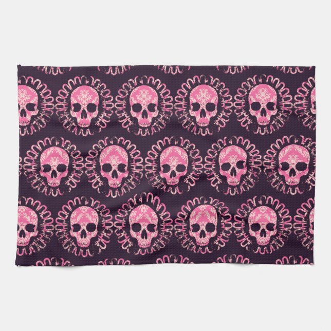 Vintage Skulls Pink and Purple Tea Towel (Horizontal)
