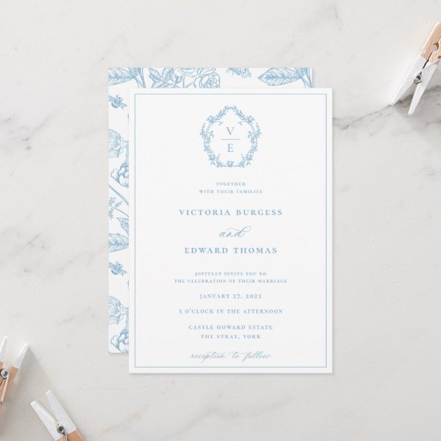 Vintage Sky Blue Crest Monogram Wedding Invitation (Front/Back In Situ)