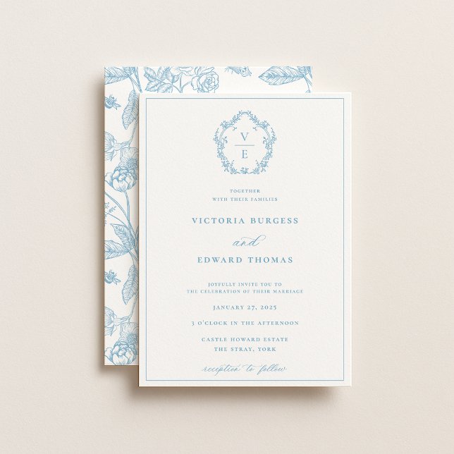 Vintage Sky Blue Crest Monogram Wedding Invitation (Creator Uploaded)