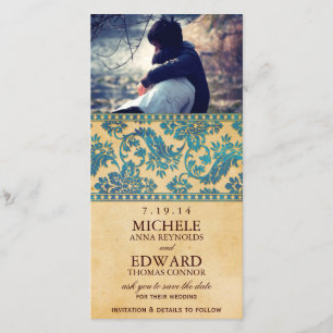 Vintage Sky Blue Damask Lace Save the Date