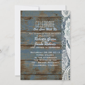 vintage slate blue barn wood lace country wedding invitation