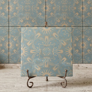 Vintage Slate Blue Beige Moroccan Floral Damask Tile